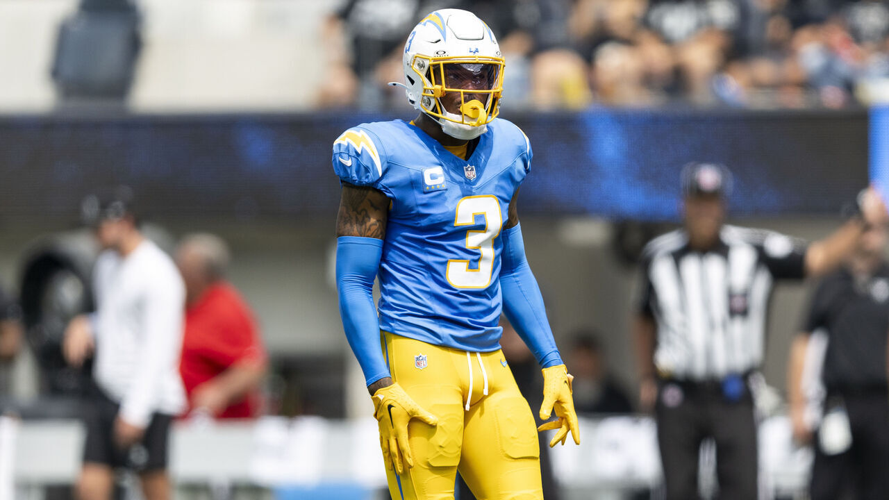 INGLEWOOD, CALIFORNIA - SEPTEMBER 08: Derwin James Jr. #3 of the Los Angeles Chargers looks on during an NFL football game between the Los Angeles Chargers and the Las Vegas Raiders at SoFi Stadium on September 08, 2024 in Inglewood, California.