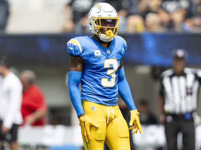INGLEWOOD, CALIFORNIA - SEPTEMBER 08: Derwin James Jr. #3 of the Los Angeles Chargers looks on during an NFL football game between the Los Angeles Chargers and the Las Vegas Raiders at SoFi Stadium on September 08, 2024 in Inglewood, California.