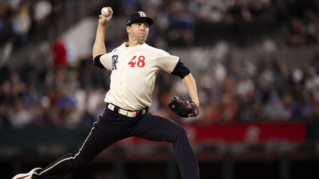 ARLINGTON, TX - APRIL 28: Jacob deGrom #48 of the Texas Rangers pitches during a game against the New York Yankees at Globe Life Field on April 28, 2023 in Arlington, Texas.