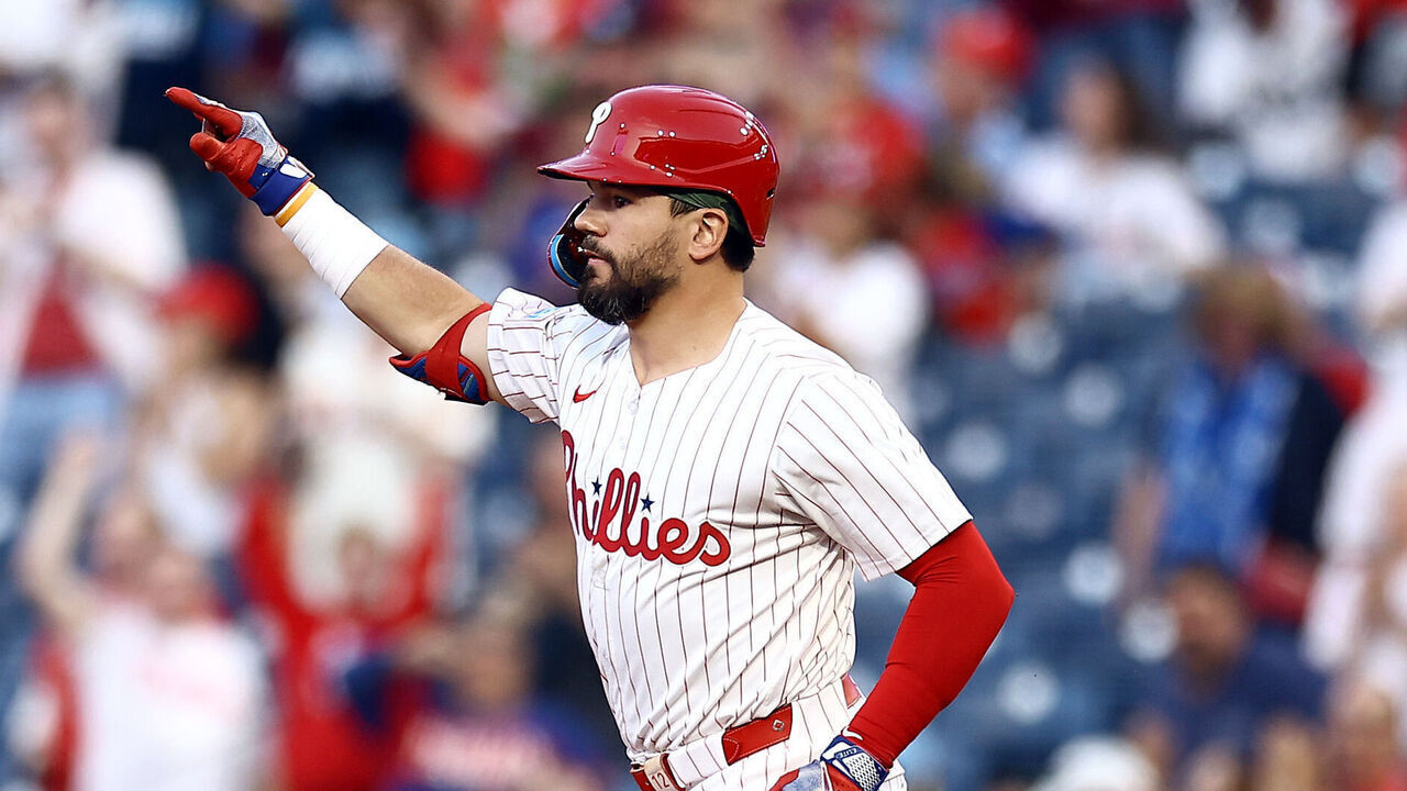 PHILADELPHIA, PENNSYLVANIA - SEPTEMBER 10: Kyle Schwarber #12 of the Philadelphia Phillies rounds bases after hitting a solo home run during the first inning against the Tampa Bay Rays at Citizens Bank Park on September 10, 2024 in Philadelphia, Pennsylvania.