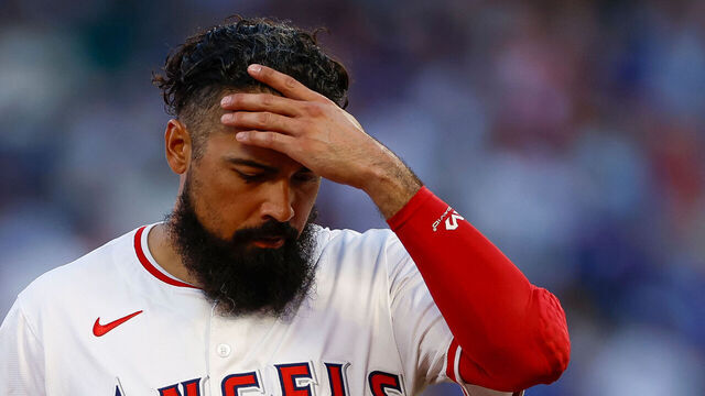 ANAHEIM, CALIFORNIA - SEPTEMBER 3: Anthony Rendon #6 of the Los Angeles Angels reacts on the field after the final out of the first inning during a game against the Los Angeles Dodgers at Angel Stadium of Anaheim on September 3, 2024 in Anaheim, California.