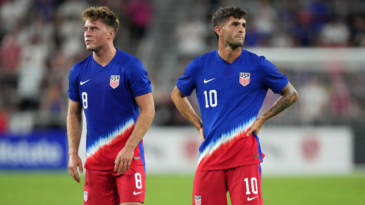 CINCINNATI, OHIO - SEPTEMBER 10: Aidan Morris #8 and Christian Pulisic #10 of the United States look on in the second half against New Zealand during an international friendly match at TQL Stadium on September 10, 2024 in Cincinnati, Ohio.