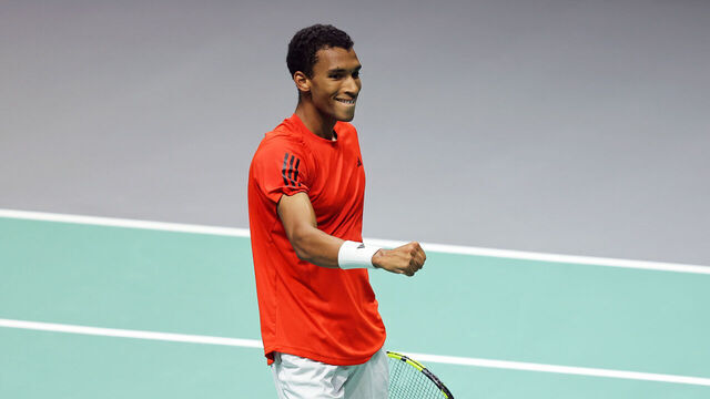 MANCHESTER, ENGLAND - SEPTEMBER 10: Felix Auger Aliassime celebrates victory after his singles match against Francisco Cerundolo of Argentina (not pictured) during the 2024 Davis Cup Finals Group Stage match between Canada and Argentina at AO Arena on September 10, 2024 in Manchester, England.