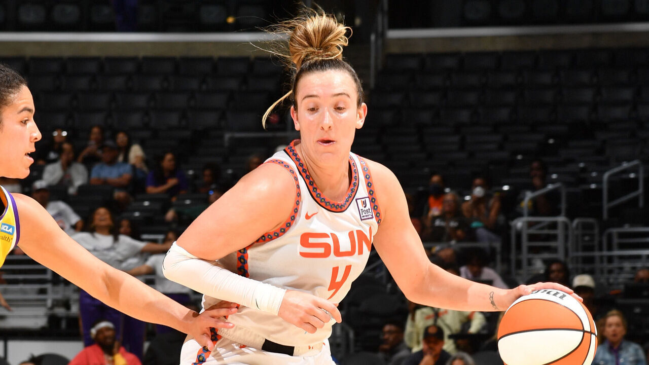 LOS ANGELES, CA - SEPTEMBER 10: Marina Mabrey #4 of the Connecticut Sun goes to the basket during the game on September 10, 2024 at Crypto.com Arena in Los Angeles, California. NOTE TO USER: User expressly acknowledges and agrees that, by downloading and/or using this Photograph, user is consenting to the terms and conditions of the Getty Images License Agreement. Mandatory Copyright Notice: Copyright 2024 NBAE