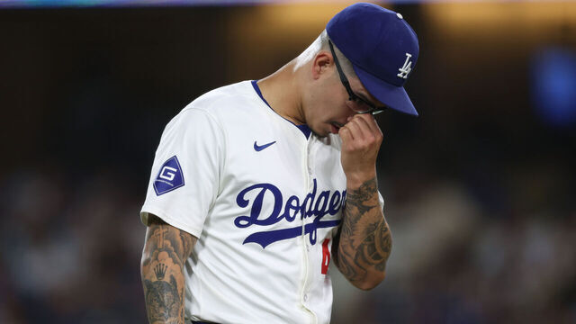 LOS ANGELES, CALIFORNIA - SEPTEMBER 06: Anthony Banda #43 of the Los Angeles Dodgers reacts as he leaves the mound at the end of the eighth inning giving up a solo home run to Brayan Rocchio #4 of the Cleveland Guardians, to trail 3-1, at Dodger Stadium on September 06, 2024 in Los Angeles, California.
