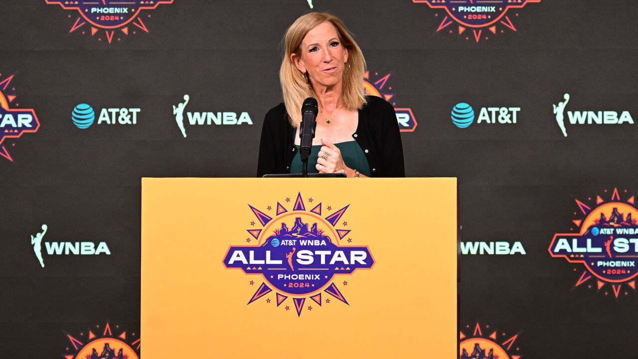 PHOENIX, AZ - JULY 20: Cathy Engelbert talks to the media before the WNBA All Star Game on July 20, 2024 at Footprint Center in Phoenix, Arizona. NOTE TO USER: User expressly acknowledges and agrees that, by downloading and/or using this Photograph, user is consenting to the terms and conditions of the Getty Images License Agreement. Mandatory Copyright Notice: Copyright 2024 NBAE
