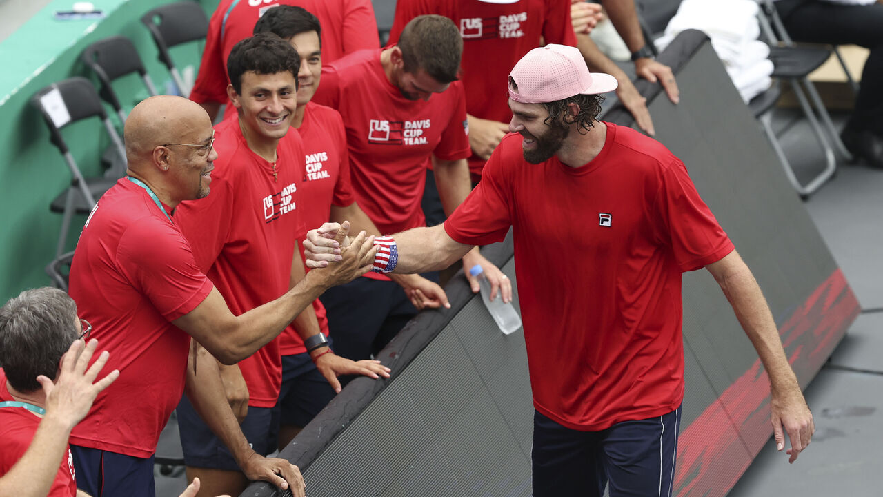 ZHUHAI, CHINA - SEPTEMBER 11: Reilly Opelka of the United States reacts with teammates prior to the 2024 Davis Cup Finals Group Stage match between the United States and Chile at Hengqin International Tennis Center on September 11, 2024 in Zhuhai, China.