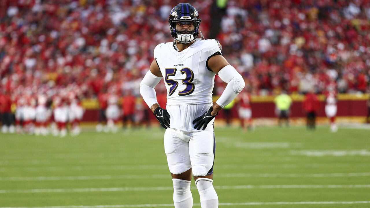 KANSAS CITY, MO - SEPTEMBER 5: Kyle Van Noy #53 of the Baltimore Ravens warms up prior to an NFL football game against the Kansas City Chiefs at GEHA Field at Arrowhead Stadium on September 5, 2024 in Kansas City, Missouri.