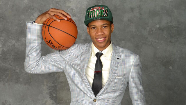 NEW YORK - JUNE 27: Giannis Antetokounmpo poses for a portrait after being selected number 15th overall by the Minnesota Timberwolves during the 2013 NBA Draft at the Barclays Center on June 27, 2013 in Brooklyn, New York. MandatoryCopyright Notice: Copyright 2013 NBAE
