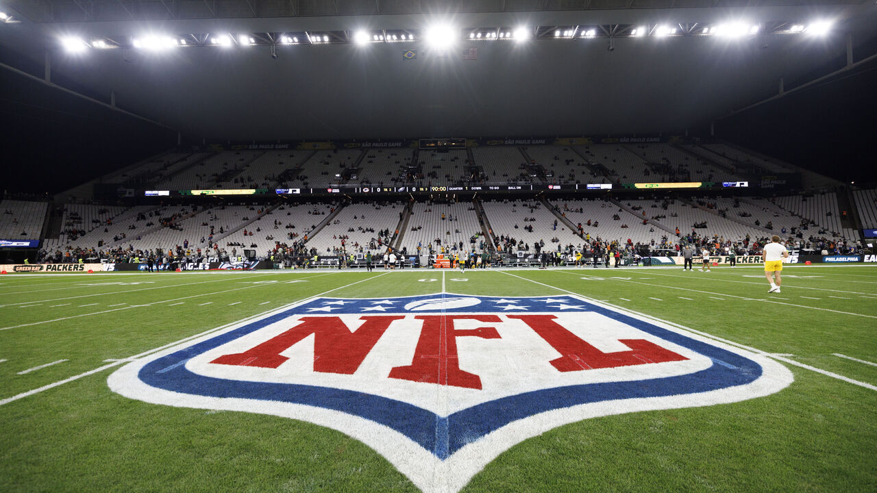 SÃO PAULO, BRAZIL - SEPTEMBER 6: A general interior view of the field prior to an NFL football game between the Green Bay Packers and the Philadelphia Eagles, at Arena Corinthians on September 6, 2024 in Sao Paulo, Brazil.