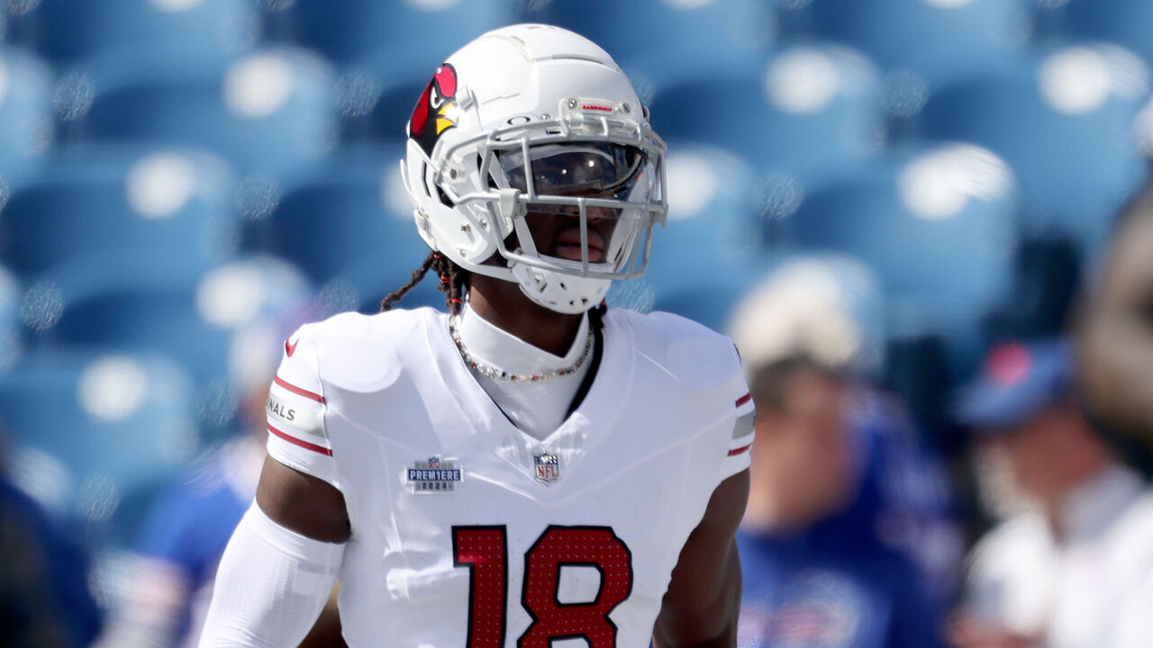 ORCHARD PARK, NEW YORK - SEPTEMBER 08: Marvin Harrison Jr. #18 of the Arizona Cardinals looks on prior to a game against the Buffalo Bills at Highmark Stadium on September 08, 2024 in Orchard Park, New York.
