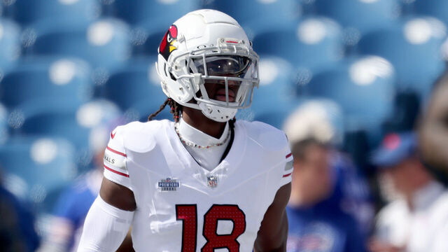 ORCHARD PARK, NEW YORK - SEPTEMBER 08: Marvin Harrison Jr. #18 of the Arizona Cardinals looks on prior to a game against the Buffalo Bills at Highmark Stadium on September 08, 2024 in Orchard Park, New York.