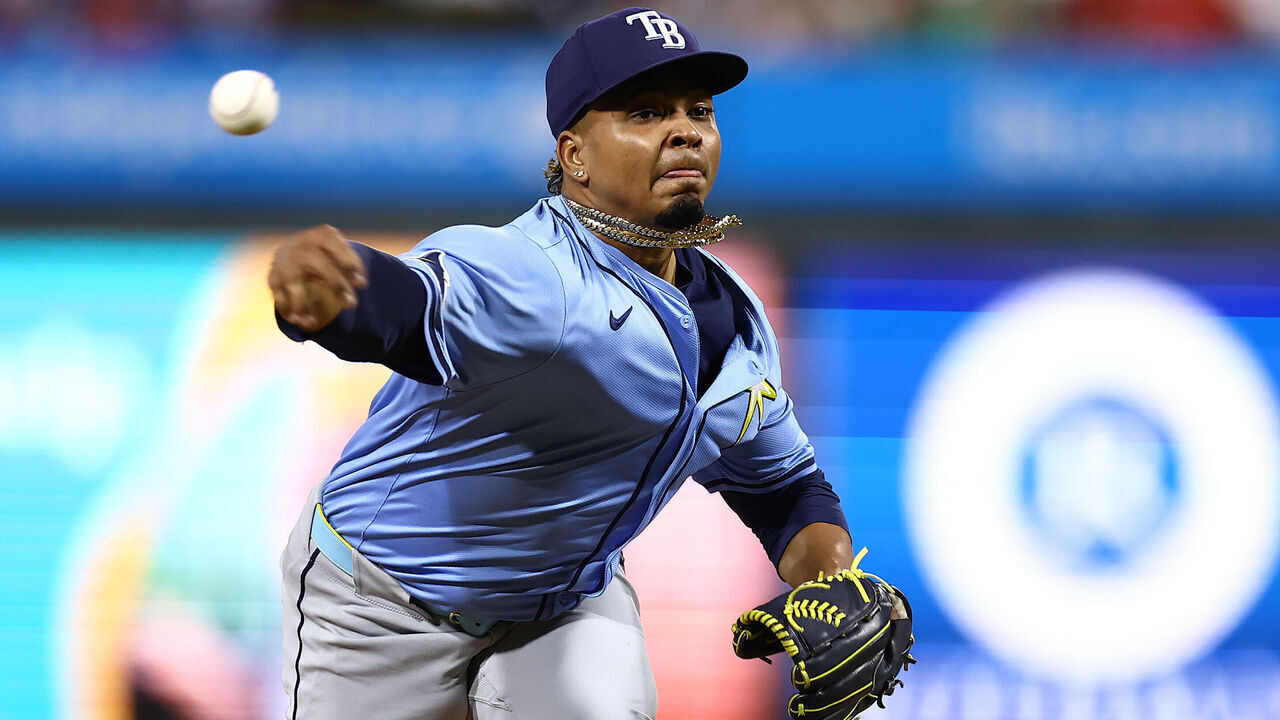 PHILADELPHIA, PENNSYLVANIA - SEPTEMBER 10: Edwin Uceta #63 of the Tampa Bay Rays pitches during the eighth inning against the Philadelphia Phillies at Citizens Bank Park on September 10, 2024 in Philadelphia, Pennsylvania.