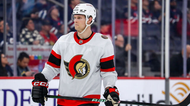 WINNIPEG, CANADA - MARCH 30: Jakob Chychrun #6 of the Ottawa Senators looks on during a second period stoppage in play against the Winnipeg Jets at the Canada Life Centre on March 30, 2024 in Winnipeg, Manitoba, Canada. The Senators defeated the Jets 3-2.