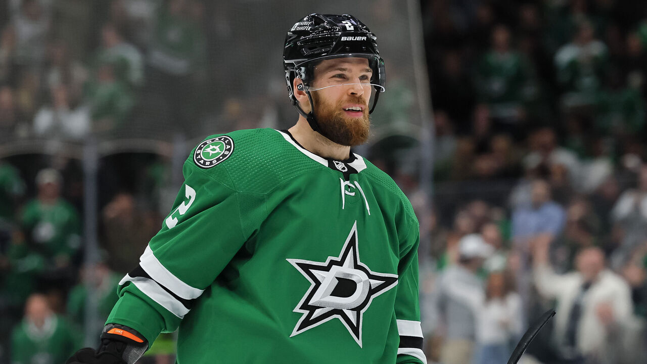 DALLAS, TEXAS - FEBRUARY 29: Jani Hakanpaa #2 of the Dallas Stars reacts after assisting on Joe Pavelski's #16 first period goal against the Winnipeg Jets at American Airlines Center on February 29, 2024 in Dallas, Texas.