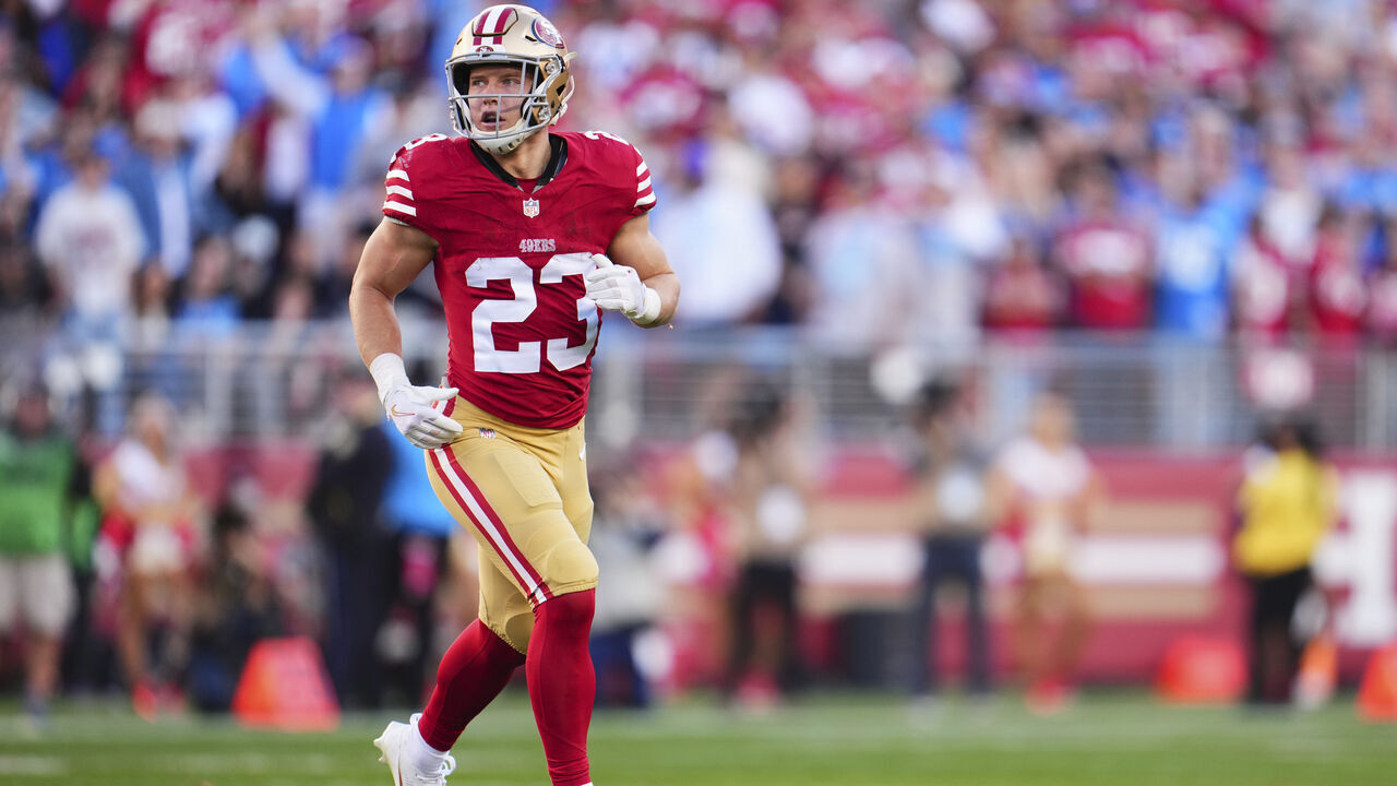 SANTA CLARA, CA - JANUARY 28: Christian McCaffrey #23 of the San Francisco 49ers takes the field against the Detroit Lions during the first half of the NFC Championship football game at Levi's Stadium on January 28, 2024 in Santa Clara, California.