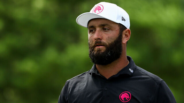 WHITE SULPHUR SPRINGS, WEST VIRGINIA - AUGUST 18: Jon Rahm of Spain looks on after finishing the 10th hole during day three of LIV Golf: Greenbrier at The Old White Course on August 18, 2024 in White Sulphur Springs, West Virginia.