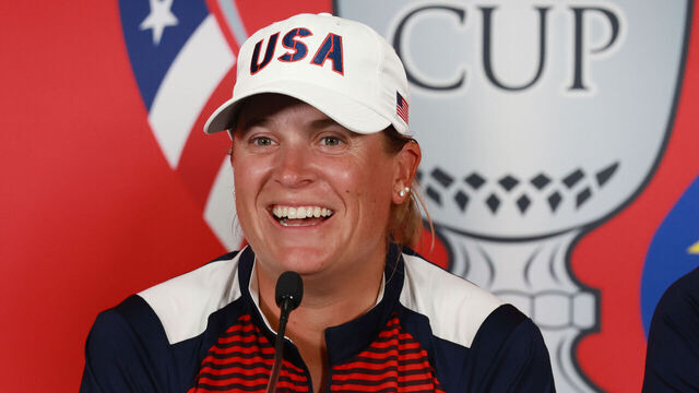 GAINESVILLE, VA - SEPTEMBER 11: Team USA golfer Lexi Thompson reacts to something that Lauren Coughlin on left said during a press conference during the 2nd practice day for the 2024 Solheim Cup on September 11, 2024, at the Robert Trent Jones Golf Club in Gainesville, Virginia. Photo by Brian Spurlock/Icon Sportswire via Getty Images)