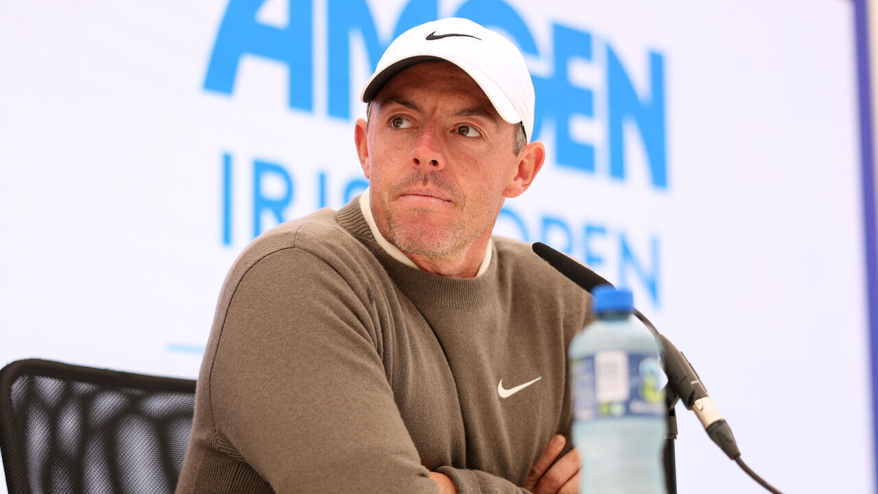 NEWCASTLE, NORTHERN IRELAND - SEPTEMBER 11: Rory McIlroy of Northern Ireland talks to the media during a press conference prior to the Amgen Irish Open 2024 at Royal County Down Golf Club on September 11, 2024 in Newcastle, Northern Ireland.