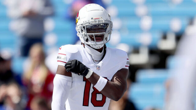 ORCHARD PARK, NEW YORK - SEPTEMBER 08: Marvin Harrison Jr. #18 of the Arizona Cardinals looks on prior to a game against the Buffalo Bills at Highmark Stadium on September 08, 2024 in Orchard Park, New York.