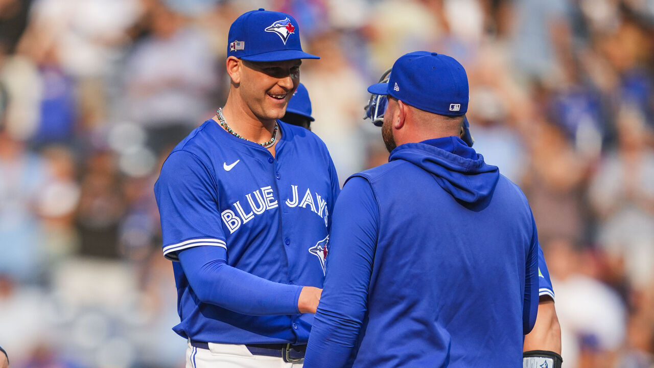 TORONTO, ON - SEPTEMBER 11: Bowden Francis #44 of the Toronto Blue Jays is is taken out of the game by manager John Schneider against the New York Mets during the ninth inning in their MLB game at the Rogers Centre on September 11, 2024 in Toronto, Ontario, Canada.