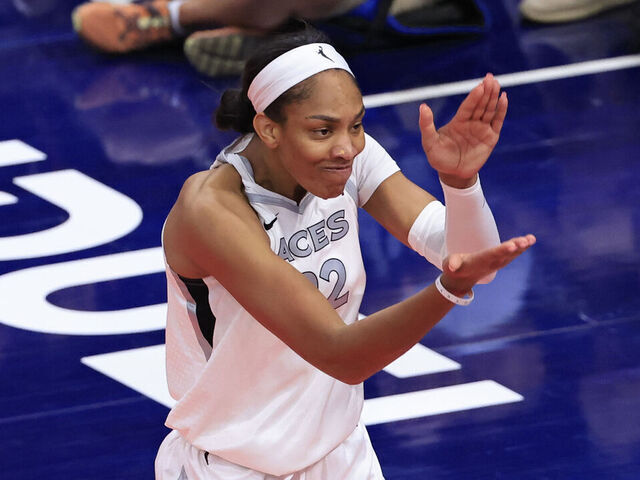 INDIANAPOLIS, IN - SEPTEMBER 11: A'ja Wilson #22 of the Las Vegas Aces celebrates during the game against the Indiana Fever on September 11, 2024 at Gainbridge Fieldhouse in Indianapolis, Indiana. Mandatory Copyright Notice: Copyright 2024 NBAE