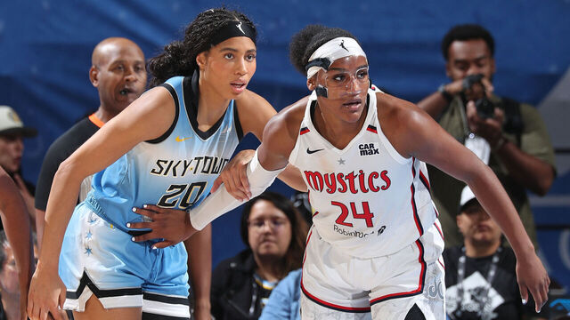 CHICAGO, IL - SEPTEMBER 11: Isabelle Harrison ##20 of the Chicago Sky and Aaliyah Edwards #24 of the Washington Mystics stand on the court on September 11, 2024 at the Wintrust Arena in Chicago, Illinois. Mandatory Copyright Notice: Copyright 2024 NBAE