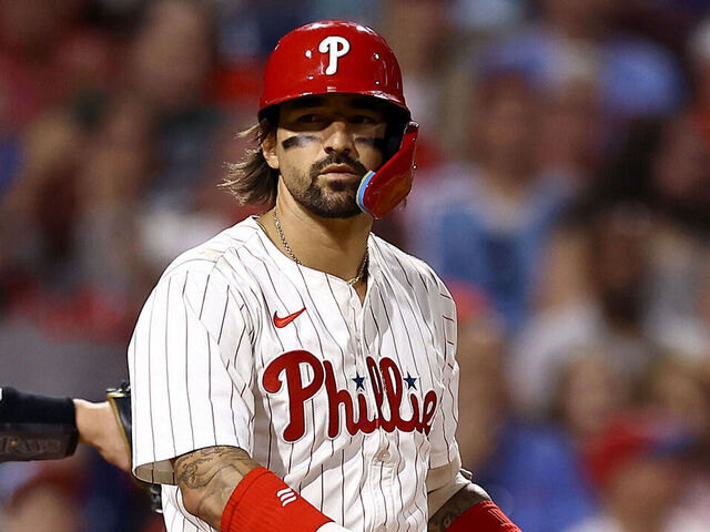 PHILADELPHIA, PENNSYLVANIA - SEPTEMBER 10: Nick Castellanos #8 of the Philadelphia Phillies reacts following an at bat during the seventh inning against the Tampa Bay Rays at Citizens Bank Park on September 10, 2024 in Philadelphia, Pennsylvania.