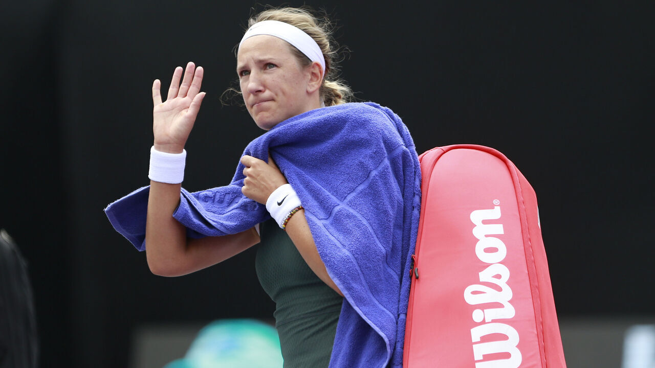 GUADALAJARA, MEXICO - SEPTEMBER 11: Victoria Azarenka of Byelorussia reacts by quitting the match after an injury against Kamilla Rakhimova of Russia during the singles round 2 match as part of the Hologic WTA Tour at Panamerican Tennis Center on September 11, 2024 in Guadalajara, Mexico.