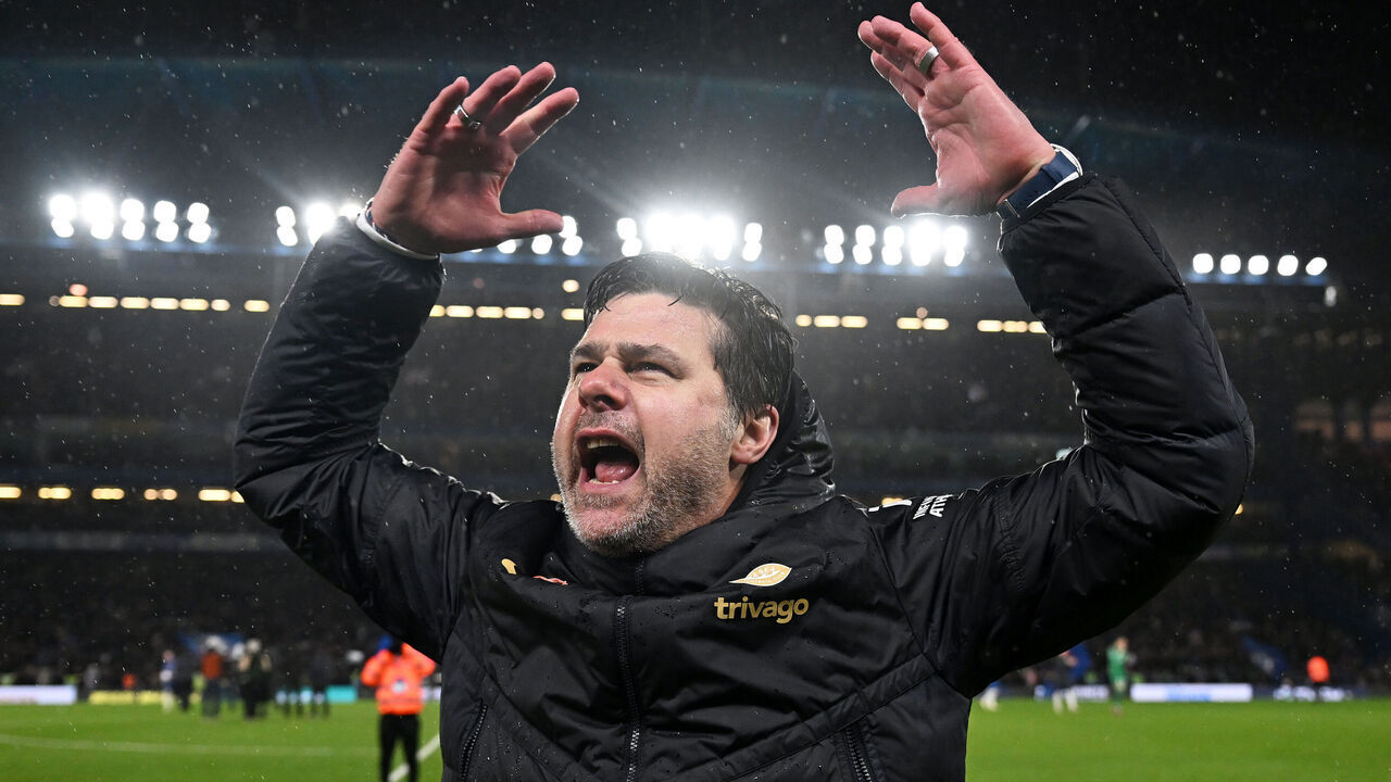 LONDON, ENGLAND - APRIL 04: Mauricio Pochettino, Manager of Chelsea, reacts as he celebrates victory after defeating Manchester United during the Premier League match between Chelsea FC and Manchester United at Stamford Bridge on April 04, 2024 in London, England.