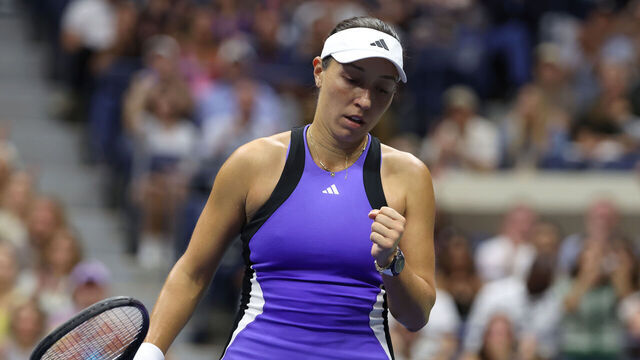 NEW YORK, NEW YORK - SEPTEMBER 07: Jessica Pegula of the United States celebrates a point against Aryna Sabalenka of Belarus during their Women's Singles Final match on Day Thirteen of the 2024 US Open at USTA Billie Jean King National Tennis Center on September 07, 2024 in the Flushing neighborhood of the Queens borough of New York City.