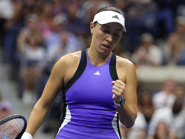 NEW YORK, NEW YORK - SEPTEMBER 07: Jessica Pegula of the United States celebrates a point against Aryna Sabalenka of Belarus during their Women's Singles Final match on Day Thirteen of the 2024 US Open at USTA Billie Jean King National Tennis Center on September 07, 2024 in the Flushing neighborhood of the Queens borough of New York City.