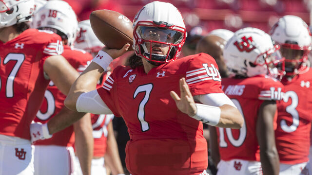 SALT LAKE CITY, UT - SEPTEMBER 25 : Cam Rising #7 of the Utah Utes throws a pass during warmups before their game against the Washington State Cougars September 25, 2021 at Rice Eccles Stadium in Salt Lake City, Utah.
