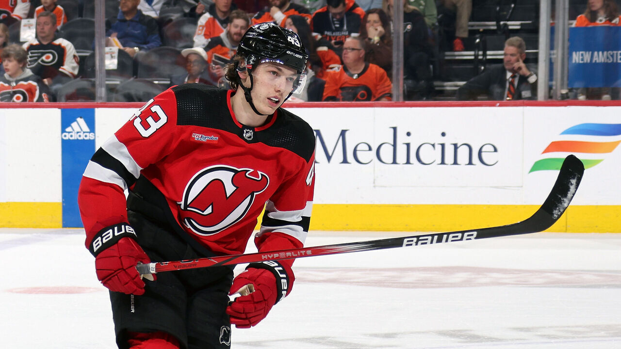 PHILADELPHIA, PENNSYLVANIA - APRIL 13: Luke Hughes #43 of the New Jersey Devils skates against the Philadelphia Flyers at the Wells Fargo Center on April 13, 2024 in Philadelphia, Pennsylvania.