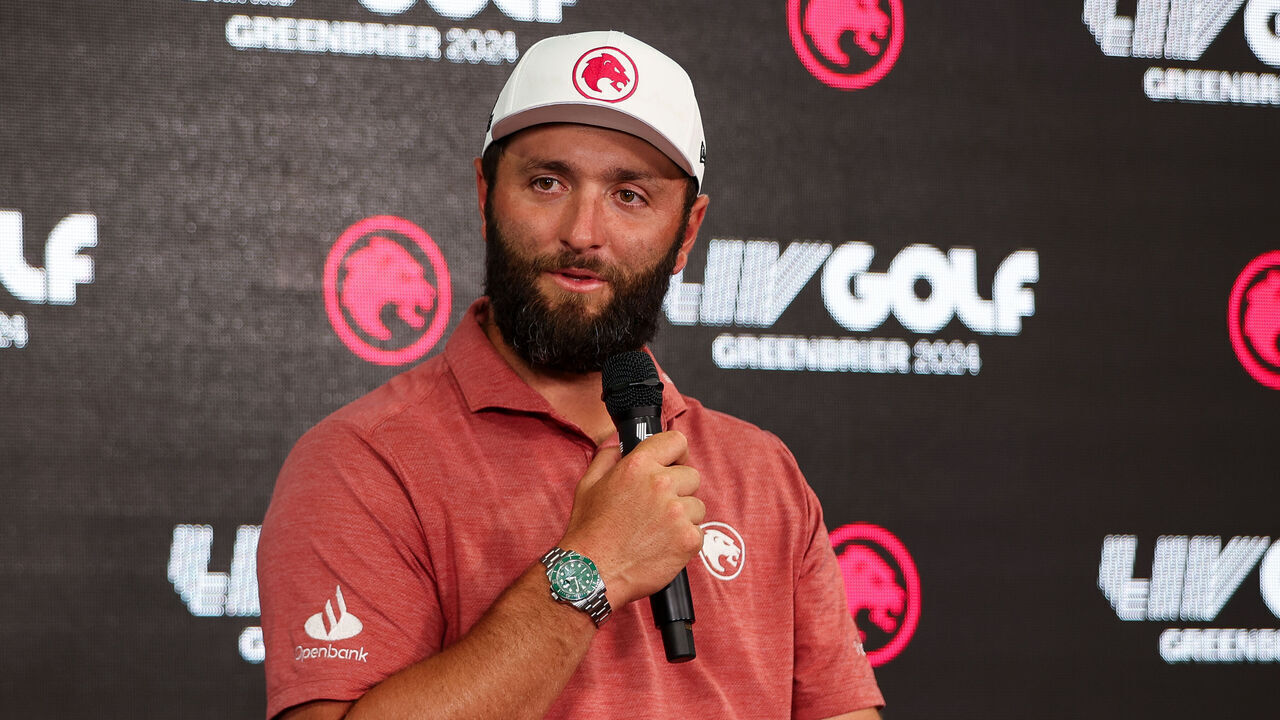 WHITE SULPHUR SPRINGS, WEST VIRGINIA - AUGUST 17: Jon Rahm of Spain addresses the media in a press conference during day two of LIV Golf: Greenbrier at The Old White Course on August 17, 2024 in White Sulphur Springs, West Virginia.