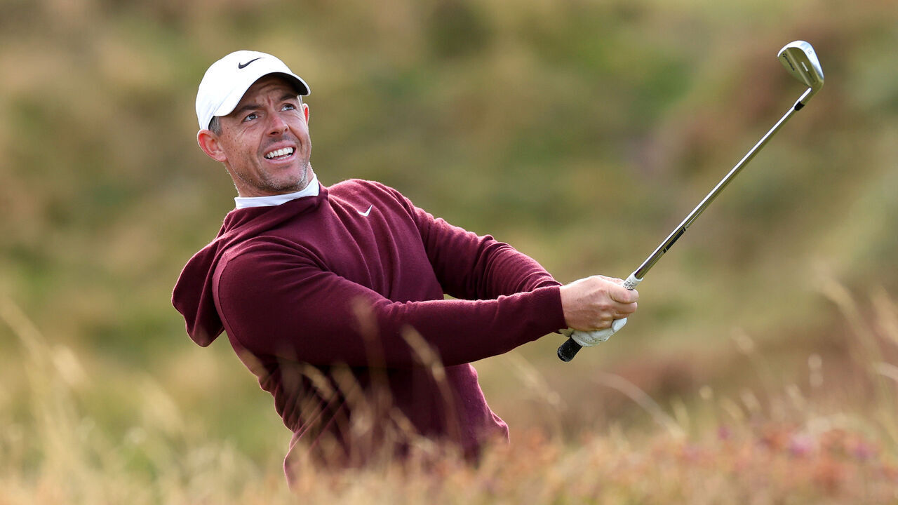 NEWCASTLE, NORTHERN IRELAND - SEPTEMBER 12: Rory McIlroy of Northern Ireland plays his second shot on the 13th hole during day one of the Amgen Irish Open 2024 at Royal County Down Golf Club on September 12, 2024 in Newcastle, Northern Ireland.