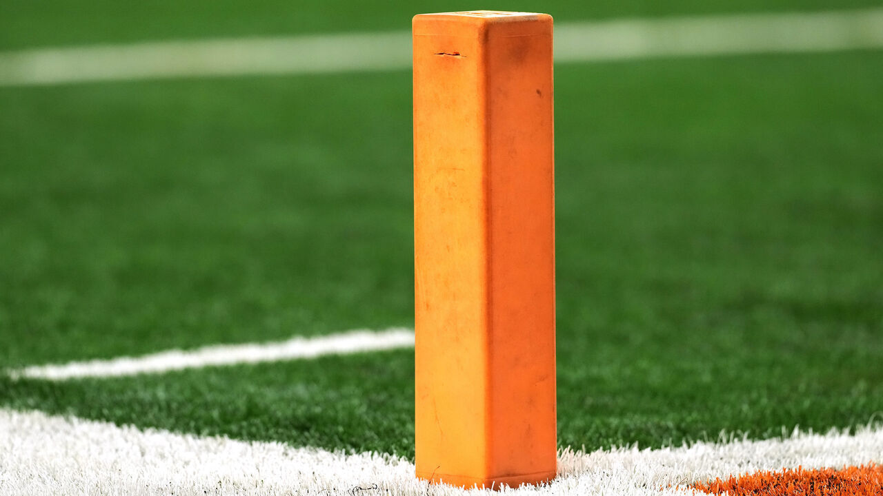 CINCINNATI, OHIO - AUGUST 10: Generic view of the goal line pylon maker on during the preseason game between the Cincinnati Bengals and the Tampa Bay Buccaneers at Paycor Stadium on August 10, 2024 in Cincinnati, Ohio.