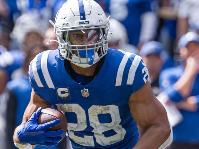 INDIANAPOLIS, INDIANA - SEPTEMBER 8: Jonathan Taylor #28 of the Indianapolis Colts runs the ball during the game against the Houston Texans at Lucas Oil Stadium on September 8, 2024 in Indianapolis, Indiana.