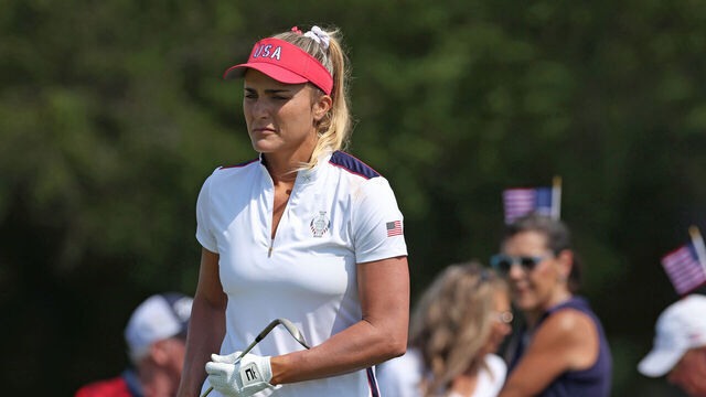 GAINESVILLE, VIRGINIA - SEPTEMBER 12: Lexi Thompson of Team United States reacts to her chip shot prior to the Solheim Cup at Robert Trent Jones Golf Club on September 12, 2024 in Gainesville, Virginia.