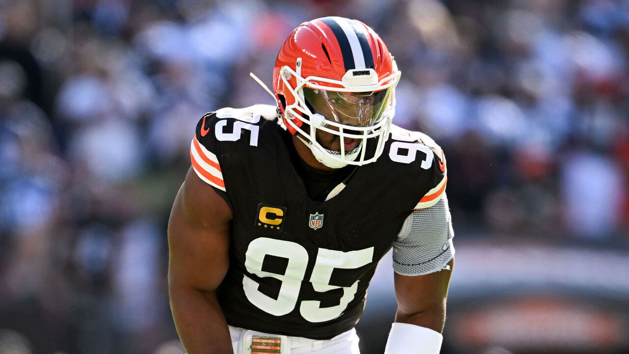 CLEVELAND, OHIO - SEPTEMBER 08: Myles Garrett #95 of the Cleveland Browns waits for the snap during the first quarter against the Dallas Cowboys at Huntington Bank Field on September 08, 2024 in Cleveland, Ohio.