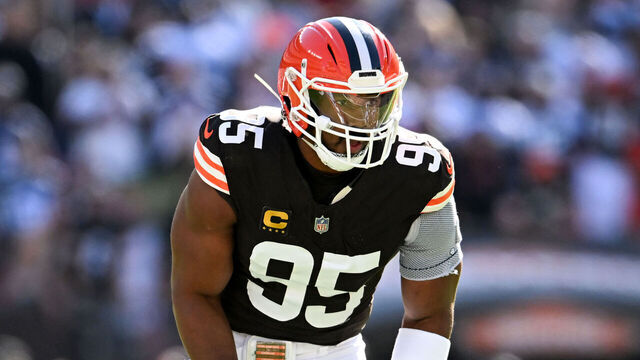 CLEVELAND, OHIO - SEPTEMBER 08: Myles Garrett #95 of the Cleveland Browns waits for the snap during the first quarter against the Dallas Cowboys at Huntington Bank Field on September 08, 2024 in Cleveland, Ohio.