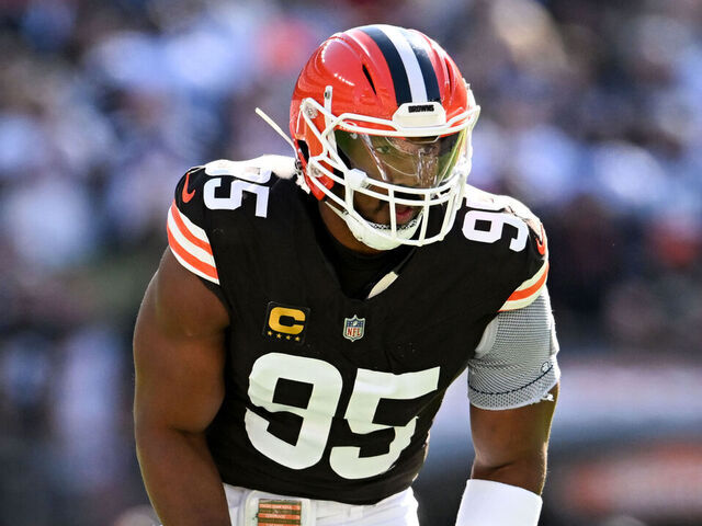 CLEVELAND, OHIO - SEPTEMBER 08: Myles Garrett #95 of the Cleveland Browns waits for the snap during the first quarter against the Dallas Cowboys at Huntington Bank Field on September 08, 2024 in Cleveland, Ohio.