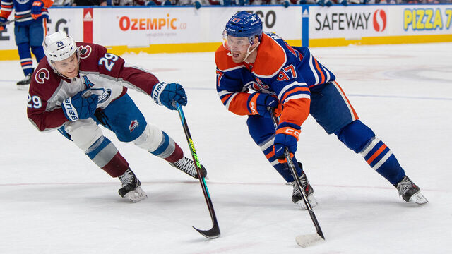 EDMONTON, CANADA - MARCH 16: Connor McDavid #97 of the Edmonton Oilers skates during the game against Nathan MacKinnon #29 of the Colorado Avalanche at Rogers Place on March 16, 2024, in Edmonton, Alberta, Canada.