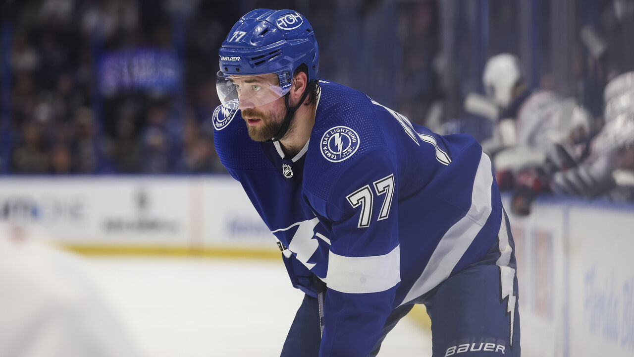 TAMPA, FL - APRIL 9: Victor Hedman #77 of the Tampa Bay Lightning against the Columbus Blue Jackets during the third period at Amalie Arena on April 9, 2024 in Tampa, Florida.