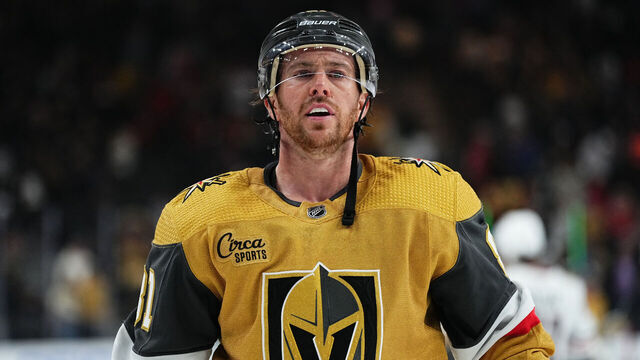 LAS VEGAS, NEVADA - APRIL 16: Jonathan Marchessault #81 of the Vegas Golden Knights reacts after a 3-1 victory against the Chicago Blackhawks at T-Mobile Arena on April 16, 2024 in Las Vegas, Nevada.