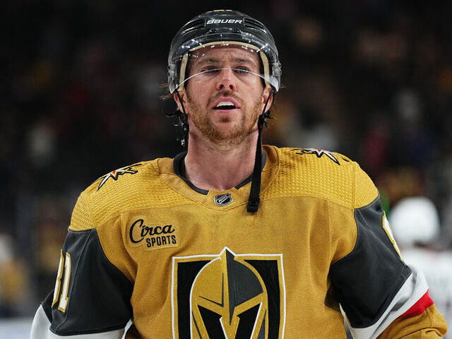 LAS VEGAS, NEVADA - APRIL 16: Jonathan Marchessault #81 of the Vegas Golden Knights reacts after a 3-1 victory against the Chicago Blackhawks at T-Mobile Arena on April 16, 2024 in Las Vegas, Nevada.