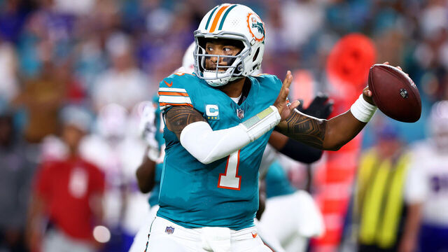 MIAMI GARDENS, FLORIDA - SEPTEMBER 12: Tua Tagovailoa #1 of the Miami Dolphins looks to pass against the Buffalo Bills during the first quarter in the game at Hard Rock Stadium on September 12, 2024 in Miami Gardens, Florida.