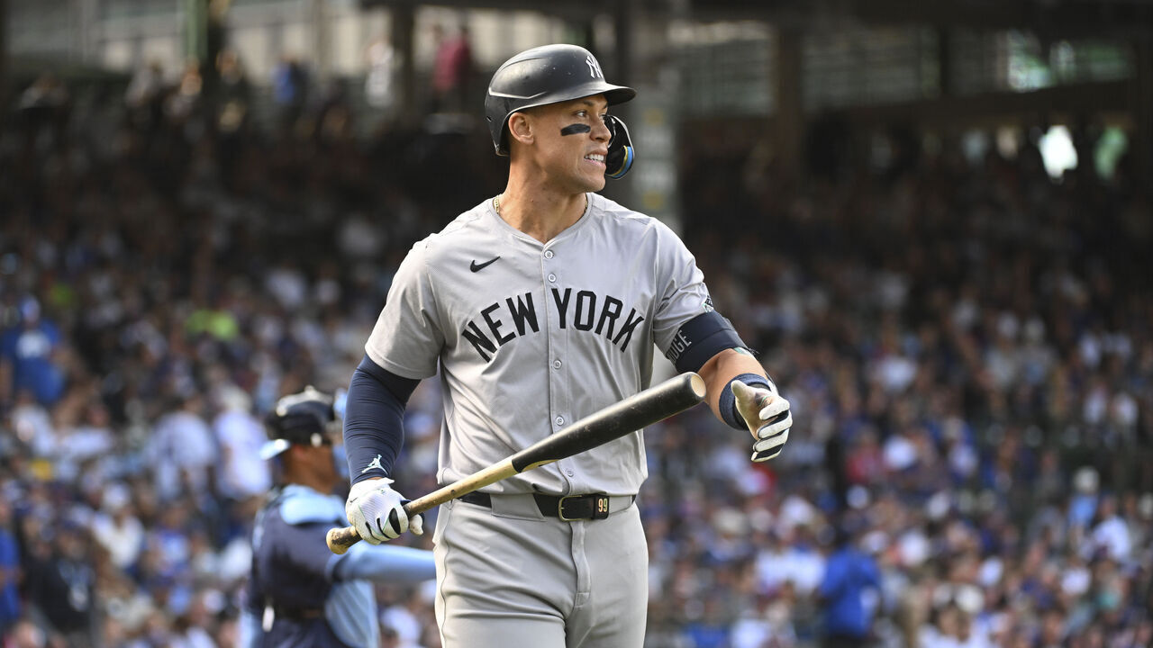 CHICAGO, ILLINOIS - SEPTEMBER 06: Aaron Judge #99 of the New York Yankees reacts after striking out during the eighth inning of a game against the Chicago Cubs at Wrigley Field on September 06, 2024 in Chicago, Illinois. The Yankees defeated the Cubs 3-0.