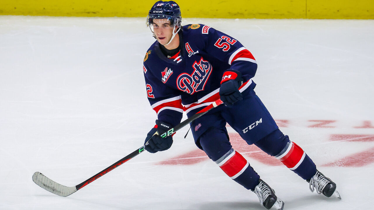 BRANDON, CANADA - SEPTEMBER 22: Braxton Whitehead #52 of the Regina Pats skates during third period action against the Brandon Wheat Kings at Westoba Place on September 22, 2023 in Brandon, Manitoba, Canada.