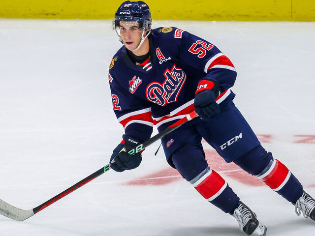 BRANDON, CANADA - SEPTEMBER 22: Braxton Whitehead #52 of the Regina Pats skates during third period action against the Brandon Wheat Kings at Westoba Place on September 22, 2023 in Brandon, Manitoba, Canada.